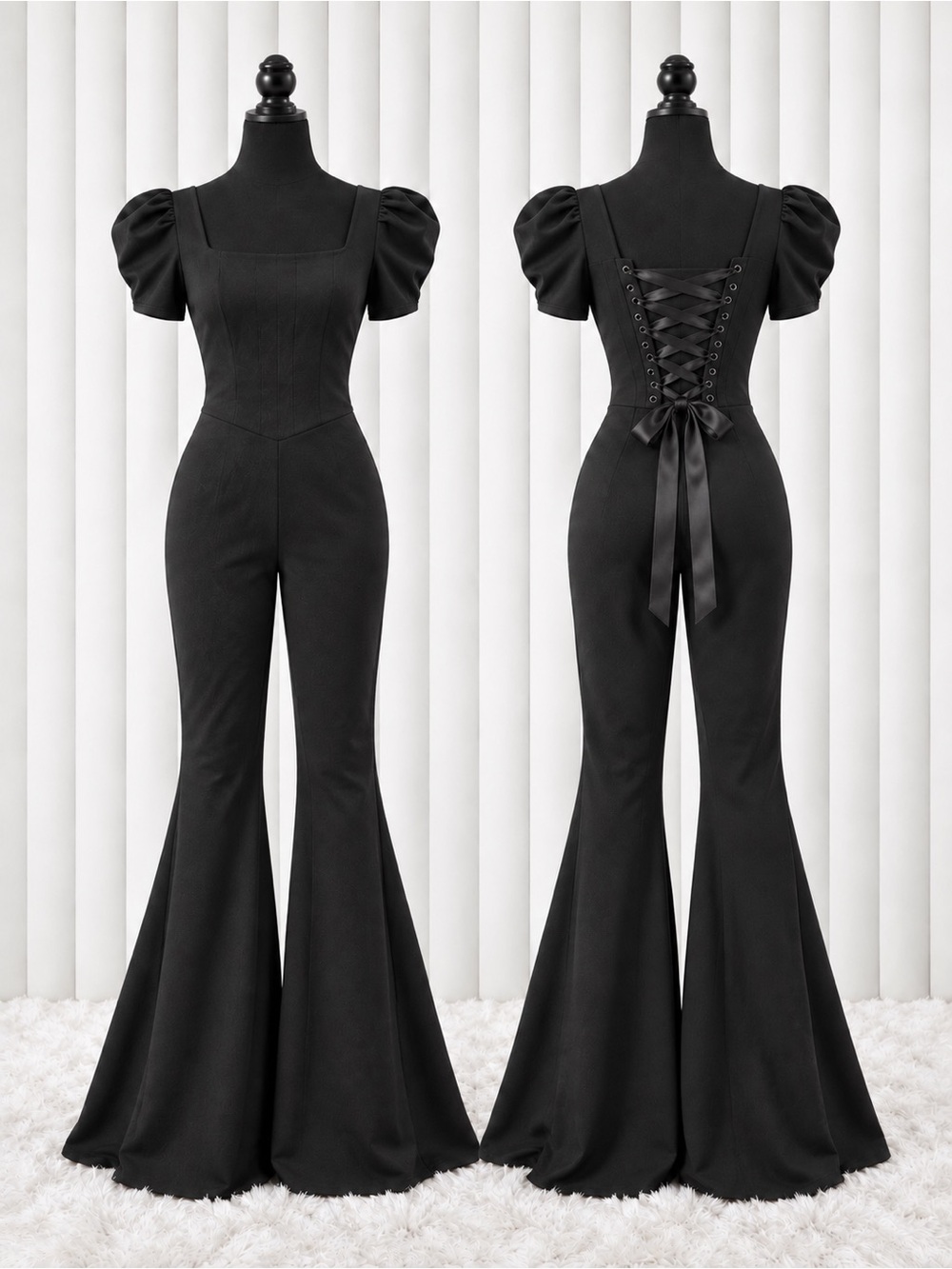 WIDOW The Lady Short Puff Sleeve Ponte Jumpsuit Corset Back Flare Leg Black M